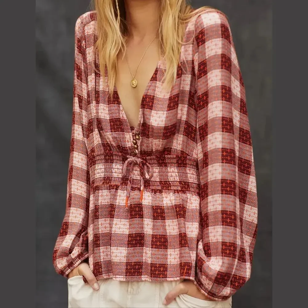 PILCRO Anthropologie Red Motif Plaid Smocked Blouse - Picture 2 of 10